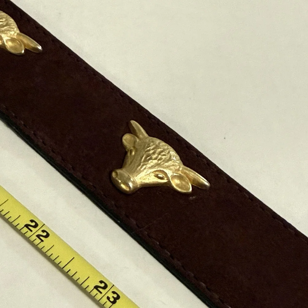 Crisca Dark Brown Leather Belt Gold Trim, Cow, Steer Horns. Made In Italy. 34 In